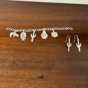 Sterling Silver Charm Bracelet Southwest and Cactus Earrings Set